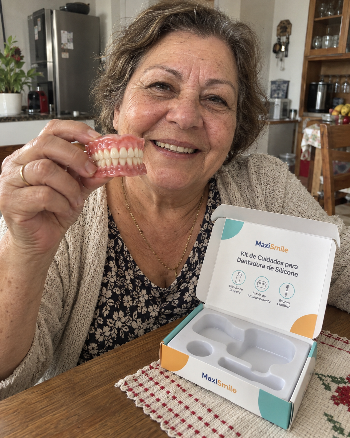 Cliente sorrindo com o produto e o kit MaxiSmile aberto